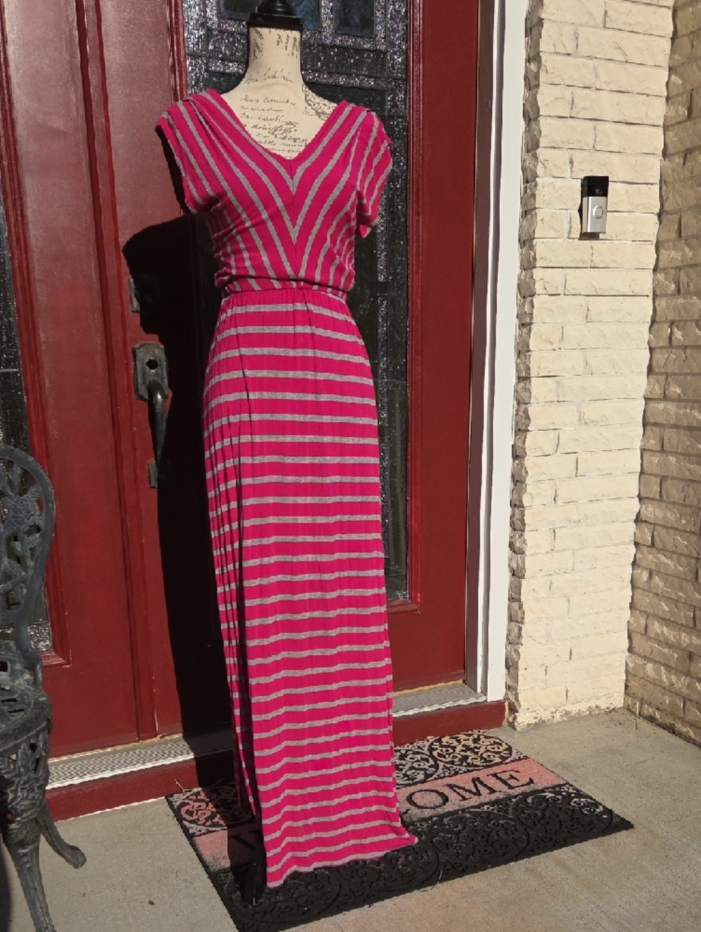 Massimo Pink Striped Maxi Dress - V-Neck, Short Sleeve XS